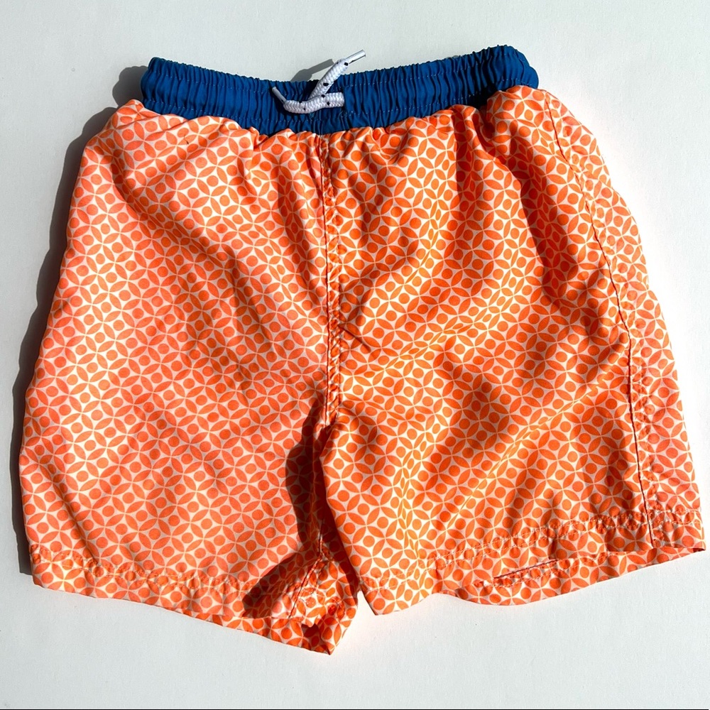 Mini Boden orange pattern swim trunks with blue waistband size 5-6Y - Picture 3 of 5